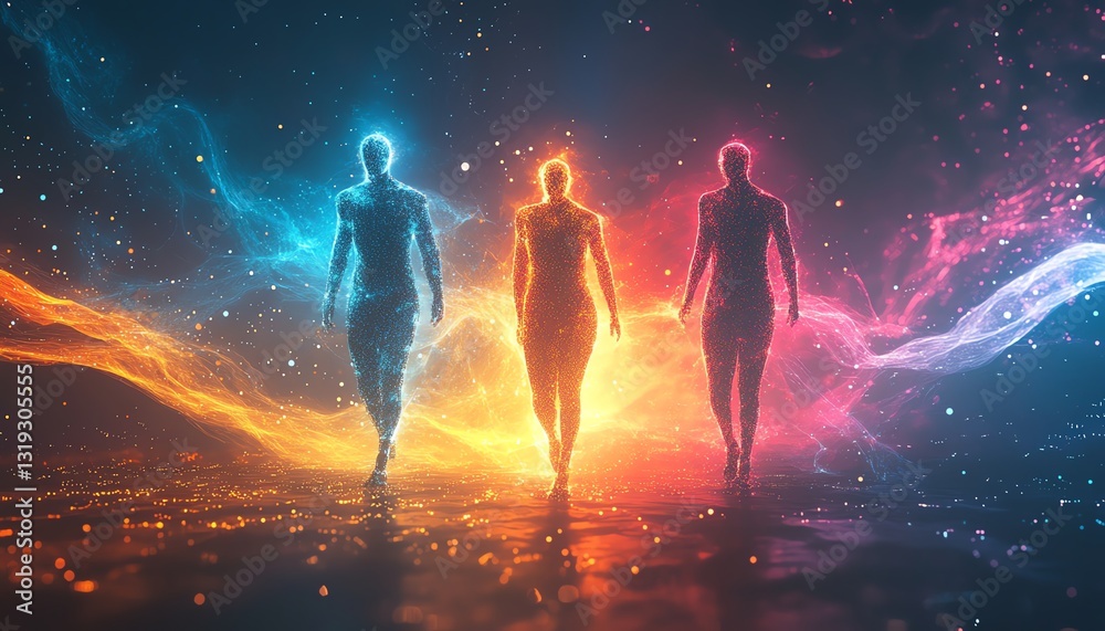 Aufkleber Three glowing digital human figures in a colorful, abstract space, symbolizing data analysis and visualization with energetic, fluid shapes and patterns