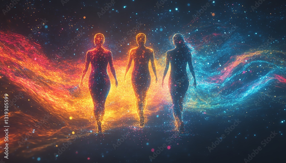 Aufkleber Three glowing digital human figures in a colorful, abstract space, symbolizing data analysis and visualization with energetic, fluid shapes and patterns