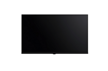 Flat panel display screen in dark setting. A modern device for digital viewing and presentations with a sleek, frameless design.