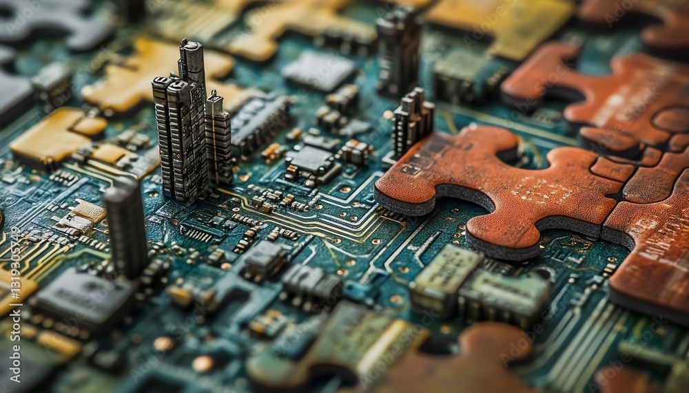 Poster A 3D puzzle with digital circuit designs, symbolizing the complex and integrated nature of DevOps technology