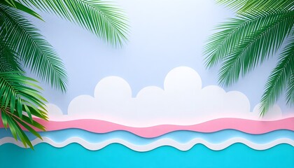 Fototapeta premium Summer Beach Vacation Vector Design with Palm Leaves and Pink Wave