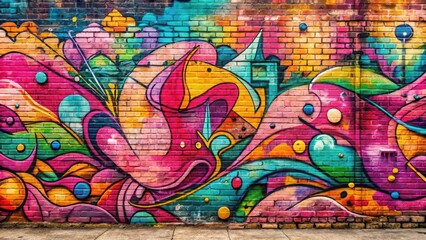 Obraz premium A vibrant, colorful graffiti artwork adorns a weathered brick wall with soft pink hues and abstract shapes, adding a pop of color to the urban landscape , pink tones, weathered brick