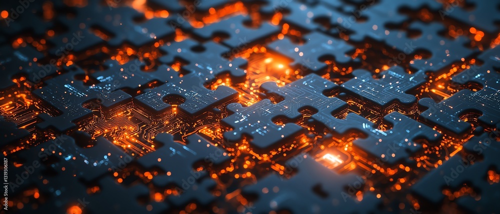 Aufkleber A collection of puzzle pieces with glowing digital circuits, representing the intricate connections and complexity of DevOps systems