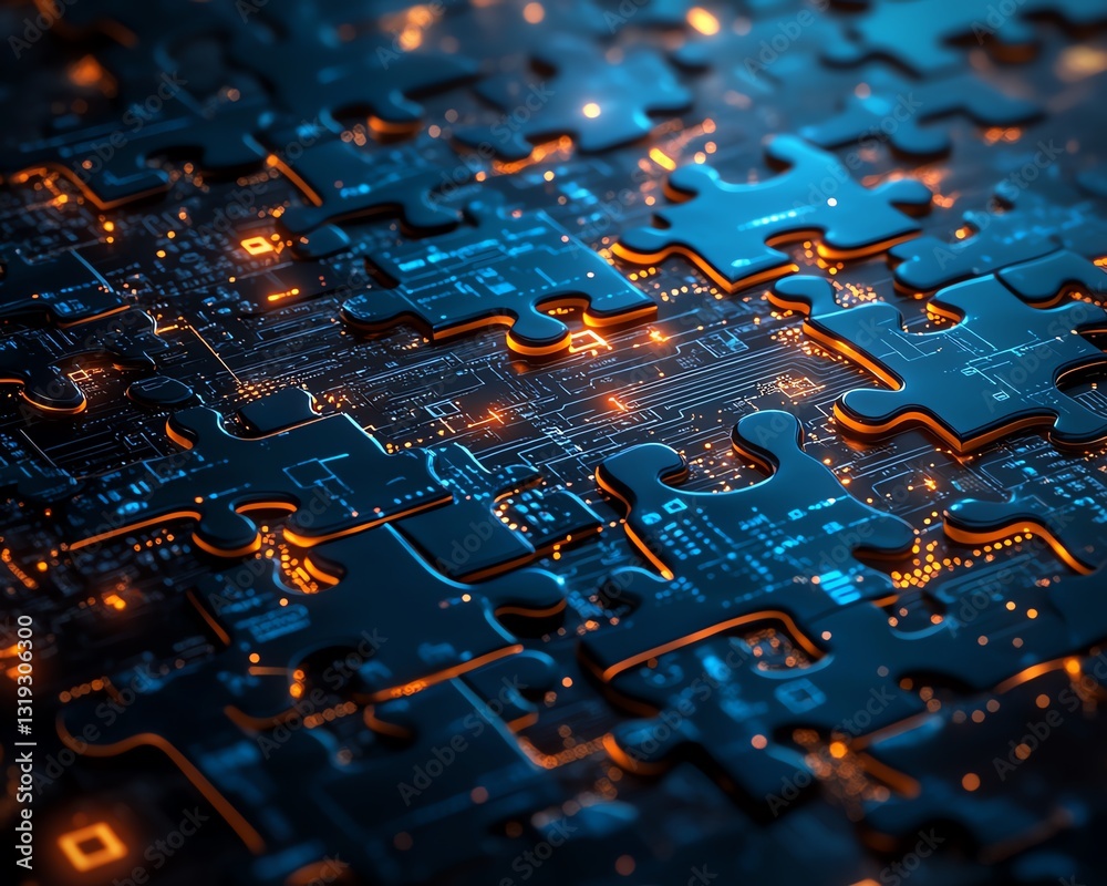 Aufkleber A digital puzzle made of interconnected puzzle pieces with circuit patterns, symbolizing the seamless integration and complexity of DevOps processes