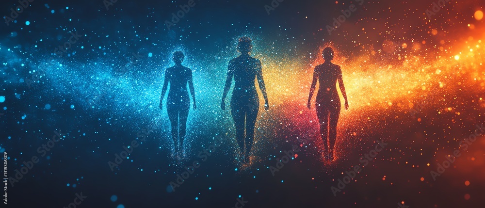 Poster A dynamic, colorful abstract space with three humanlike digital figures, symbolizing the complexities of data visualization and analytics in modern technology