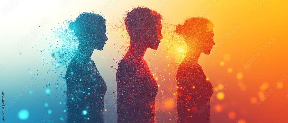 Aufkleber a dynamic, colorful abstract space with three humanlike digital figures, symbolizing the complexitie