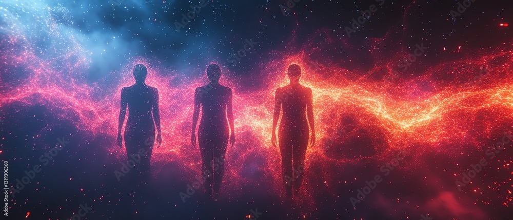 Aufkleber A dynamic, colorful abstract space with three humanlike digital figures, symbolizing the complexities of data visualization and analytics in modern technology