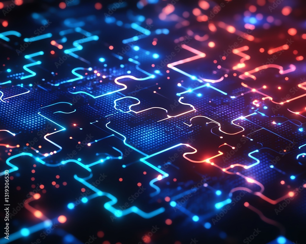 Aufkleber A dynamic digital puzzle with embedded circuits, symbolizing the integration and complexity of DevOps in a modern, technological style