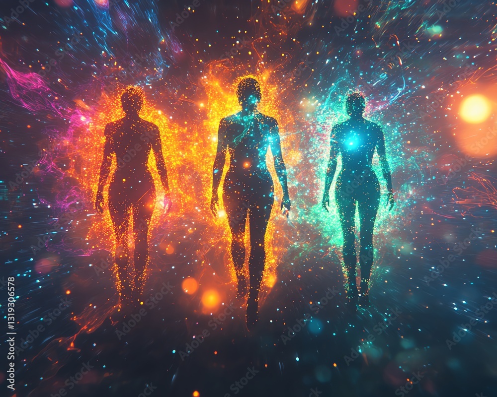 Aufkleber A futuristic scene with three digital human figures, each representing data visualization and analytics, surrounded by a burst of colorful abstract data flows