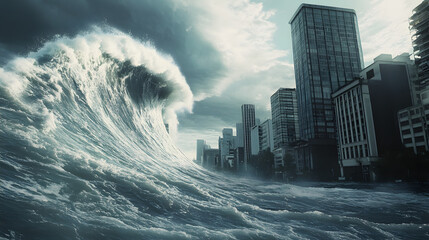 A huge tsunami wave rolls over the city, flooding the streets from the ocean and approaching high-rise buildings.