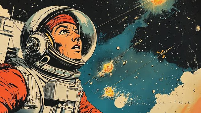 Retro Space Adventure Featuring Astronauts Aliens and Flying Saucers in 1950s Sci-Fi Cartoon Style
