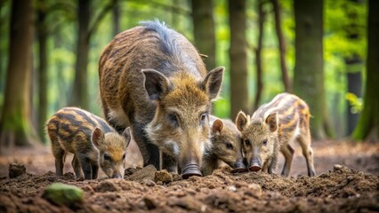 Naklejka premium A wild boar sow and her piglets foraging in a sun-dappled forest, exhibiting natural maternal behavior and piglet curiosity