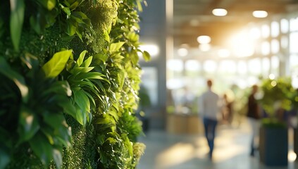 A green living wall in an office space, creating a natural and sustainable atmosphere for employees to work productively and relaxed with the presence of plants. In the blurred background