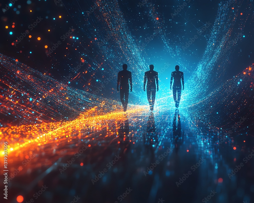 Fototapete abstract digital space with three human figures surrounded by flowing data patterns and vibrant colo