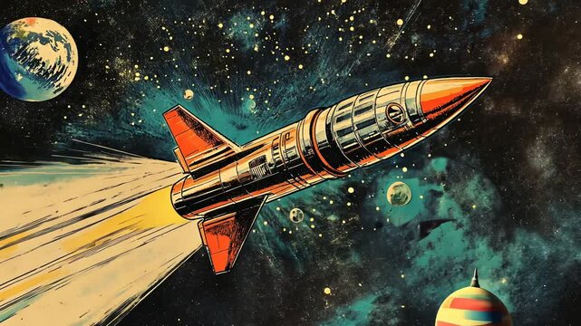 Retro Sci-Fi Airplane and Spacecraft Adventure Illustration in a Starry Galaxy