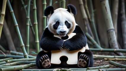 Fototapeta premium Adorable panda sitting among bamboo, holding a puzzle piece, exuding playfulness and curiosity