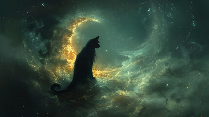 Obraz premium A silhouette of a cat sitting on a glowing crescent moon amidst a starry cosmic background