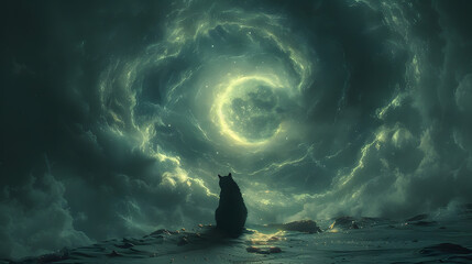 A solitary cat gazes into a swirling cosmic vortex, surrounded by dark clouds and ethereal light