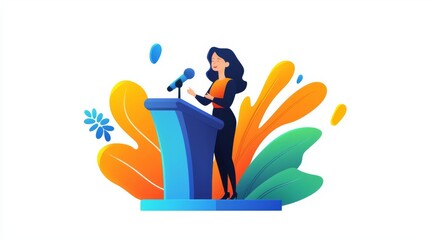 Fototapeta premium A woman confidently speaks at a podium, representing leadership and empowerment in a vibrant setting.