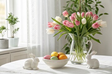 Holiday composition with spring flowers and Easter eggs on a light background. Happy Easter concept.