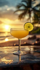 frozen classic lime margarita daquiri blended cocktail in a glass at a bar on the beach