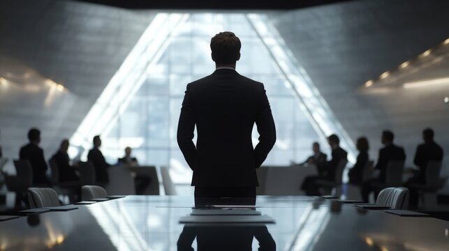 Business meeting in a modern conference room with a confident leader addressing the team