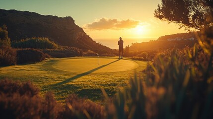 A golfer preparing to putt on a vibrant green golf course, with the sun shining in the background.