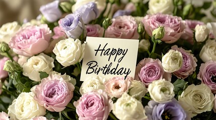 Luxurious birthday floral arrangement with mixed roses and lush greenery
