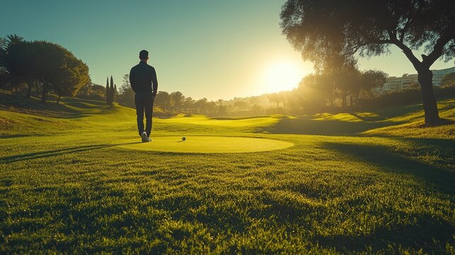 A golfer preparing to putt on a vibrant green golf course, with the sun shining in the background.