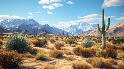 Majestic Saguaro Cactus Standing Tall Against A Breathtaking Backdrop Of Snow-capped Mountains And Sun-drenched Desert Landscape Under A Vibrant Blue Sky