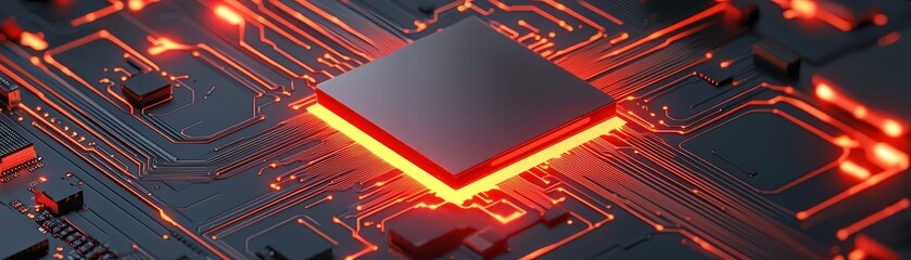 Naklejka premium Illuminated computer chip, red light symbolizing data processing and flow in electronic circuitry