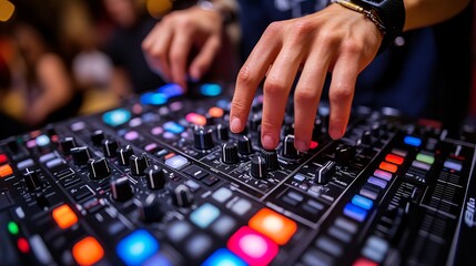 Naklejka premium DJ hand adjusting sound settings on a high-tech music mixer during a live event 