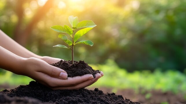 Close-up of hands gently holding soil with a young tree sprouting, symbolizing growth, sustainability, and environmental conservation on a green pastel background.