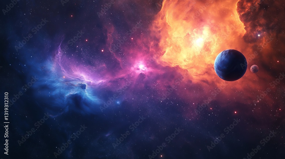 Poster a celestial scene with a vibrant nebula and distant planets