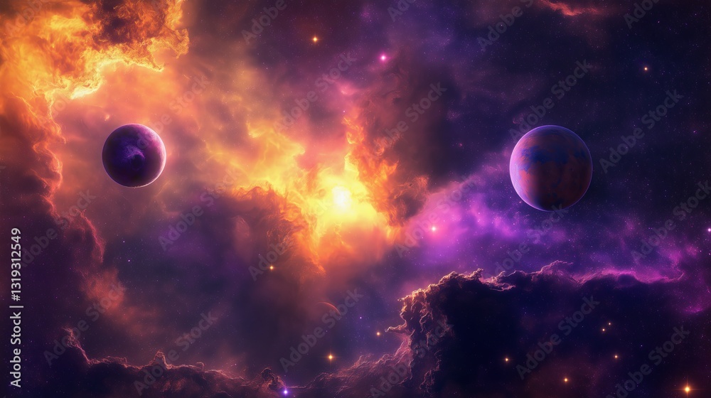 Poster a celestial scene with a vibrant nebula and distant planets