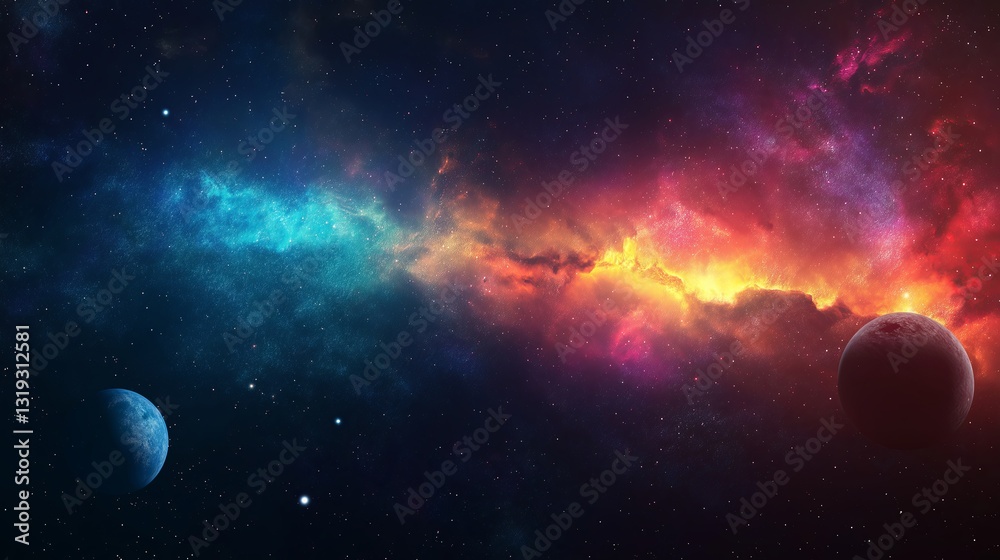 Poster a celestial scene with a vibrant nebula and distant planets