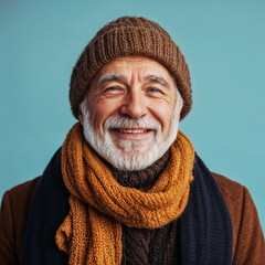 Portrait of a happy senior man wearing a scarf and hat