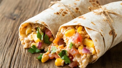 A breakfast burrito being unwrapped to reveal a delicious variety of toppings for a flavorful start to the day
