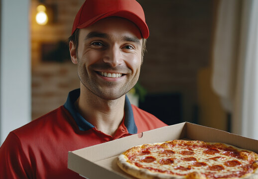 A cheerful pizza delivery man in a red cap and shirt holds a pizza box with a delicious pepperoni pizza inside, ready to deliver