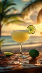 frozen classic lime margarita daquiri blended cocktail in a glass at a bar on the beach