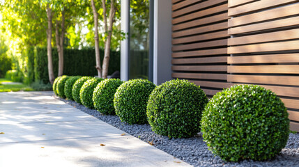 A row of low boxwood hedges enhances the walkway of a contemporary residence, surrounded by lush greenery and warm sunlight