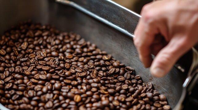 In a warm and inviting artisan workshop, a skilled roaster inspects freshly roasted coffee beans with great care, ensuring quality and flavor. The rich aroma envelops the space