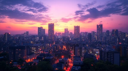 Obraz premium Vibrant City Skyline at Dusk Under a Colorful Purple and Orange Sky