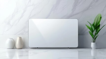 Modern workspace, laptop on marble desk with green plant, ideal for productivity and remote work.