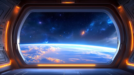 A breathtaking view reveals a vibrant Earth beneath a vast cosmos filled with stars and nebulae. The scene captures the beauty of space against the backdrop of a twilight sky