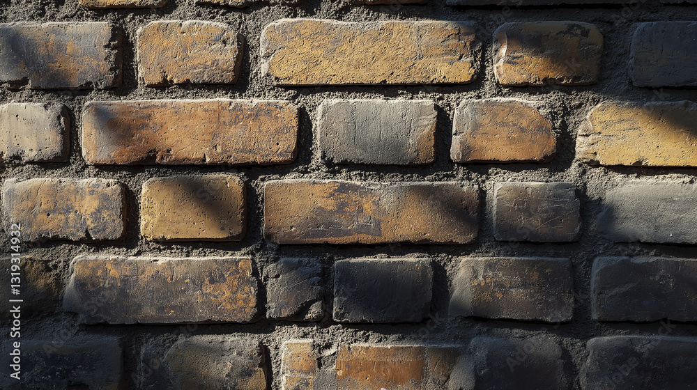 Poster a close-up of a weathered brick wall with intricate textures and shadows