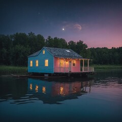 Obraz premium A floating pastel house on a river, glowing under the moonlight.