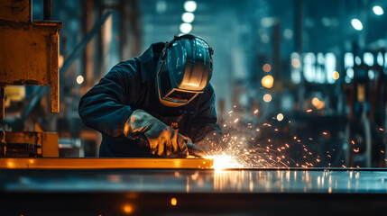 Industrial Welder Working in a Factory with Sparks Flying