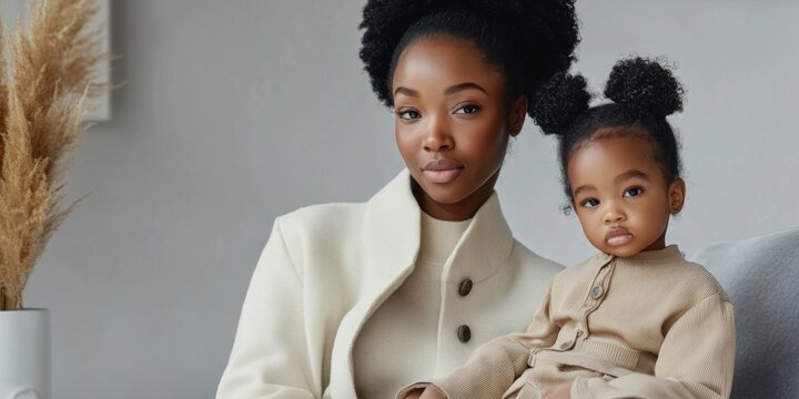 A mother and her daughter sit together in a bright room. They wear stylish, neutral-colored outfits. A modern vibe creates a nurturing atmosphere. Family bonds shine. AI