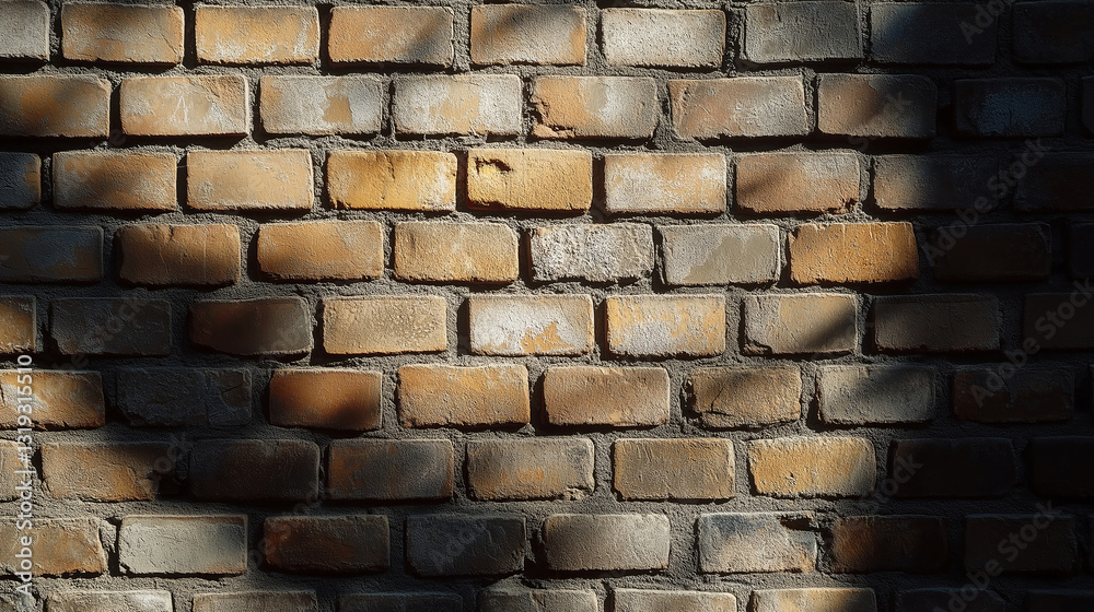 Poster a close-up of a weathered brick wall with intricate textures and shadows